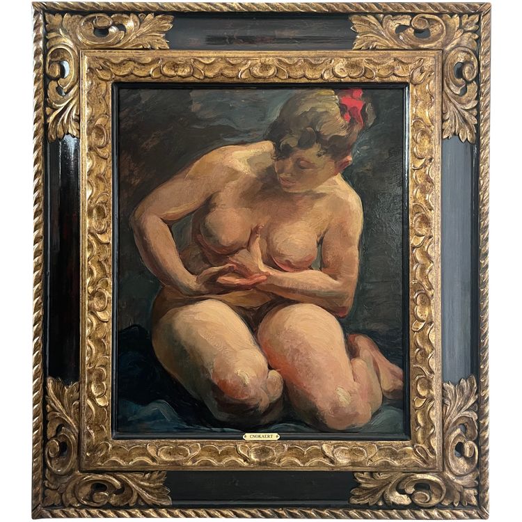 XX th century painting, female nude with folded feet signed Cnockaert
