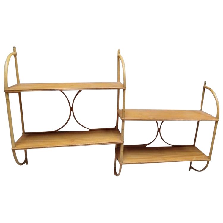 Scaffale a 4 ripiani in legno e rattan, vintage, anni '60