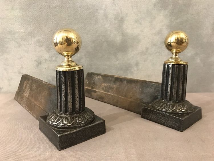 Pair of 19th century antique brass and cast iron andirons