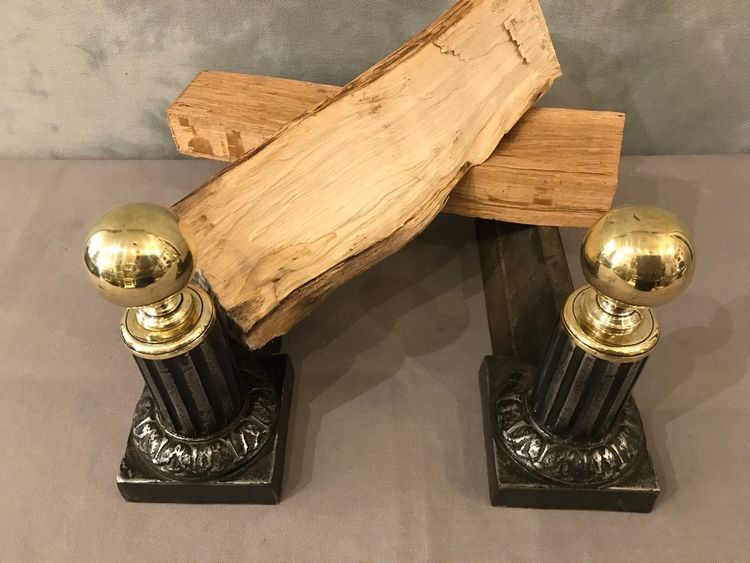 Pair of 19th century antique brass and cast iron andirons