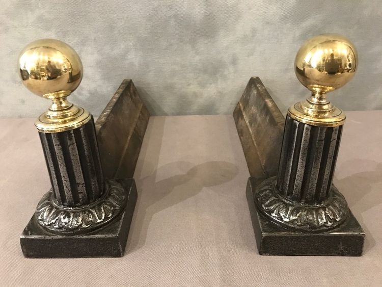 Pair of 19th century antique brass and cast iron andirons