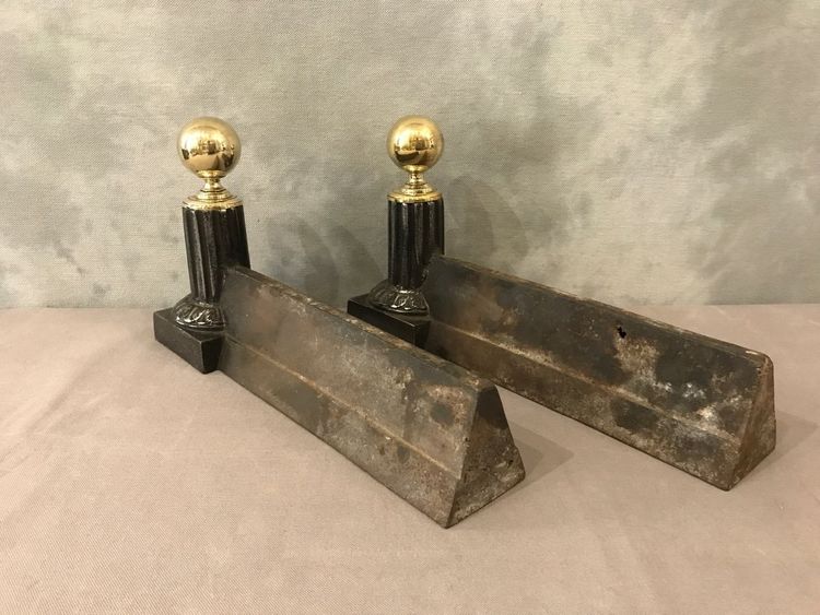 Pair of 19th century antique brass and cast iron andirons