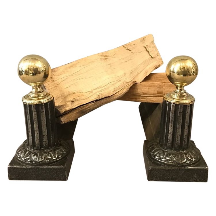 Pair of 19th century antique brass and cast iron andirons