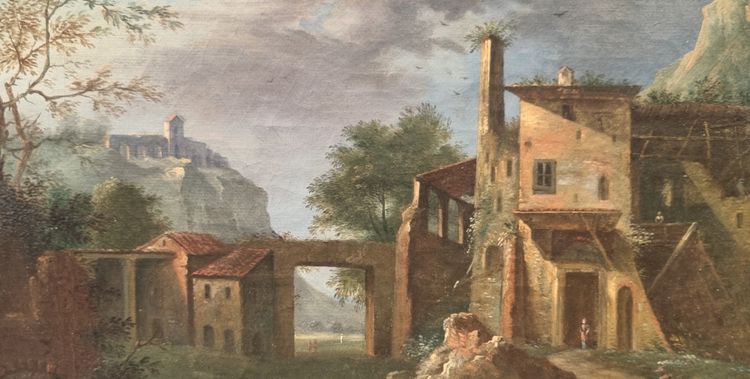 Französische oder italienische Schule des 18. Jahrhunderts - Belebte Landschaft mit einer Ruine