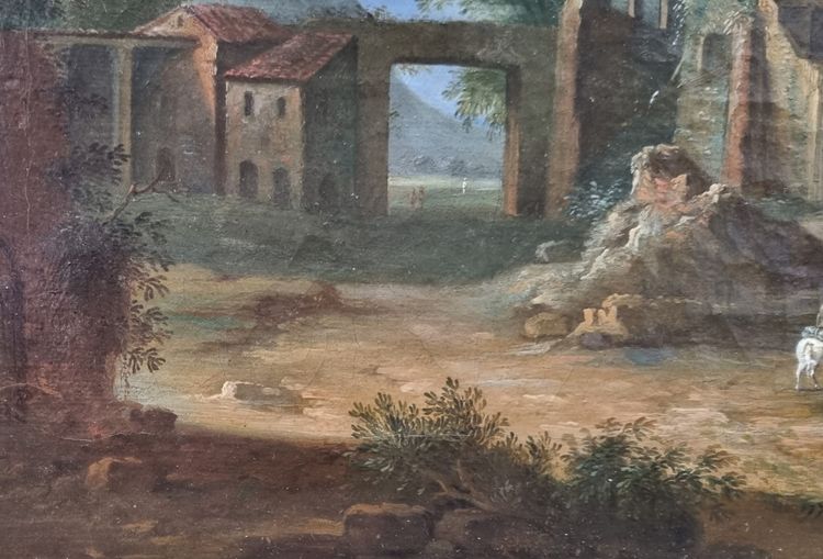 Französische oder italienische Schule des 18. Jahrhunderts - Belebte Landschaft mit einer Ruine