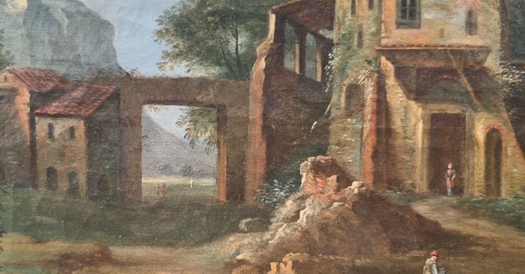 Französische oder italienische Schule des 18. Jahrhunderts - Belebte Landschaft mit einer Ruine