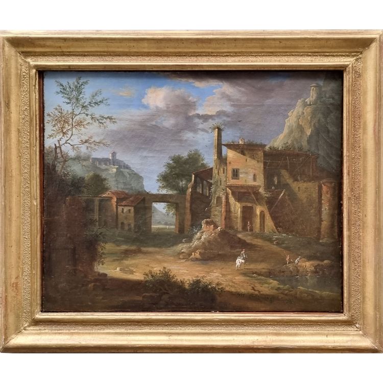 Französische oder italienische Schule des 18. Jahrhunderts - Belebte Landschaft mit einer Ruine