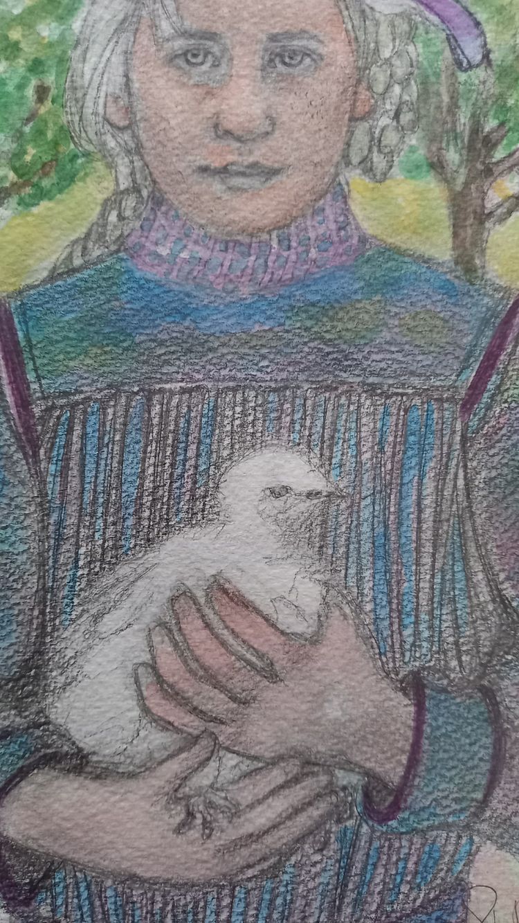 Porträt eines Mädchens mit einer kleinen Henne /Aquarell