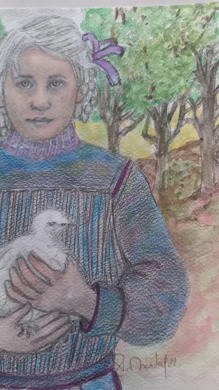 Porträt eines Mädchens mit einer kleinen Henne /Aquarell