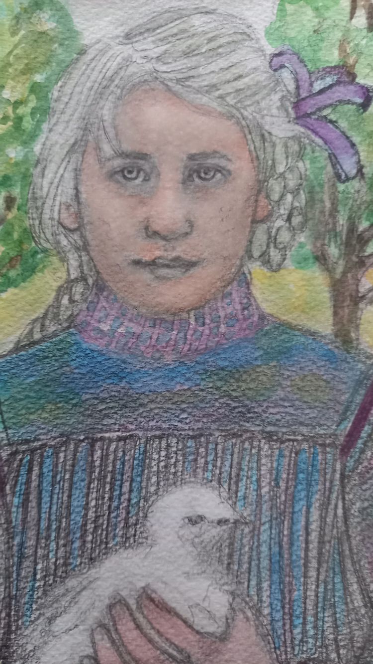 Porträt eines Mädchens mit einer kleinen Henne /Aquarell
