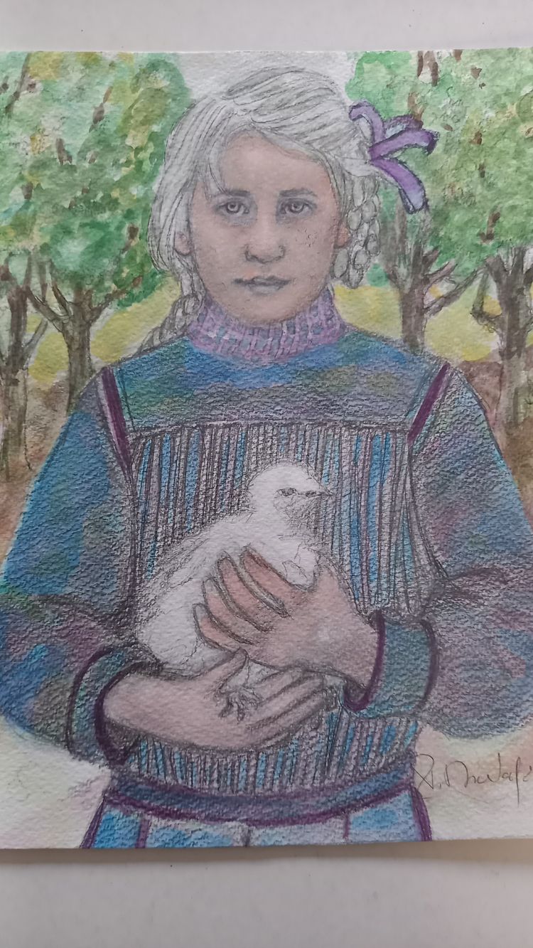 Porträt eines Mädchens mit einer kleinen Henne /Aquarell