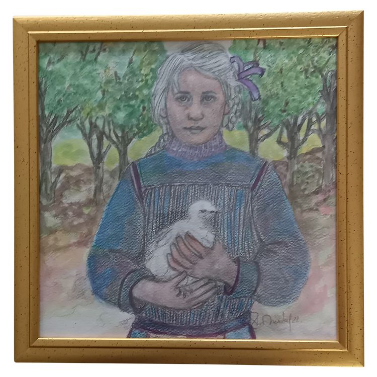 Porträt eines Mädchens mit einer kleinen Henne /Aquarell