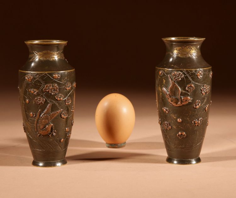 A Pair Of Small Japanese Bronze And Copper Vases Meiji Period 1868-1912