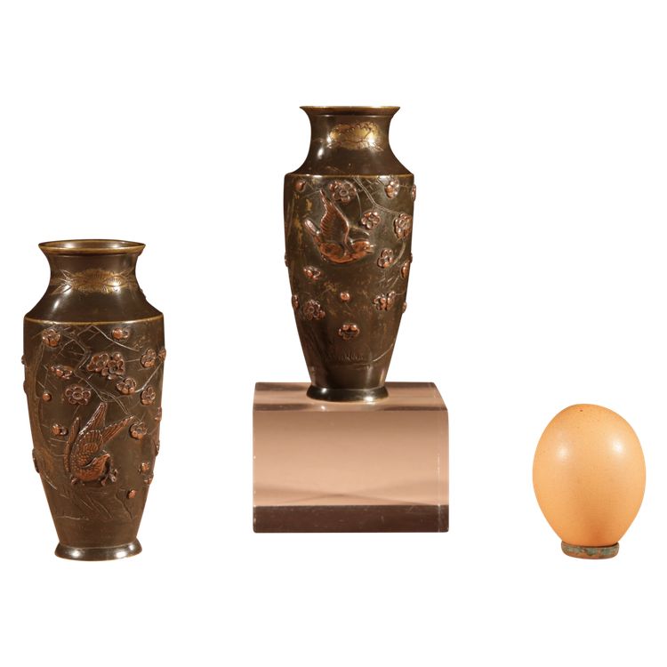 A Pair Of Small Japanese Bronze And Copper Vases Meiji Period 1868-1912