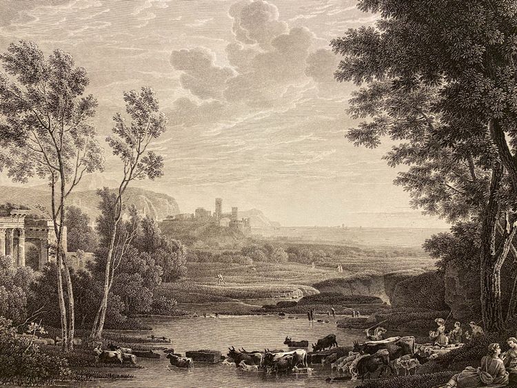 Bestiaux passant une rivière, Le Lorrain, Gravure au burin, XIXe siècle