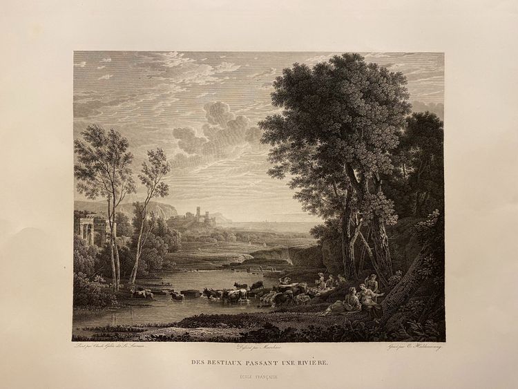 Bestiaux passant une rivière, Le Lorrain, Gravure au burin, XIXe siècle