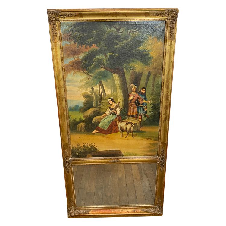 Trumeau En Bois Doré d'époque XIXe Siècle Scène Romantique - 69cm X 140cm