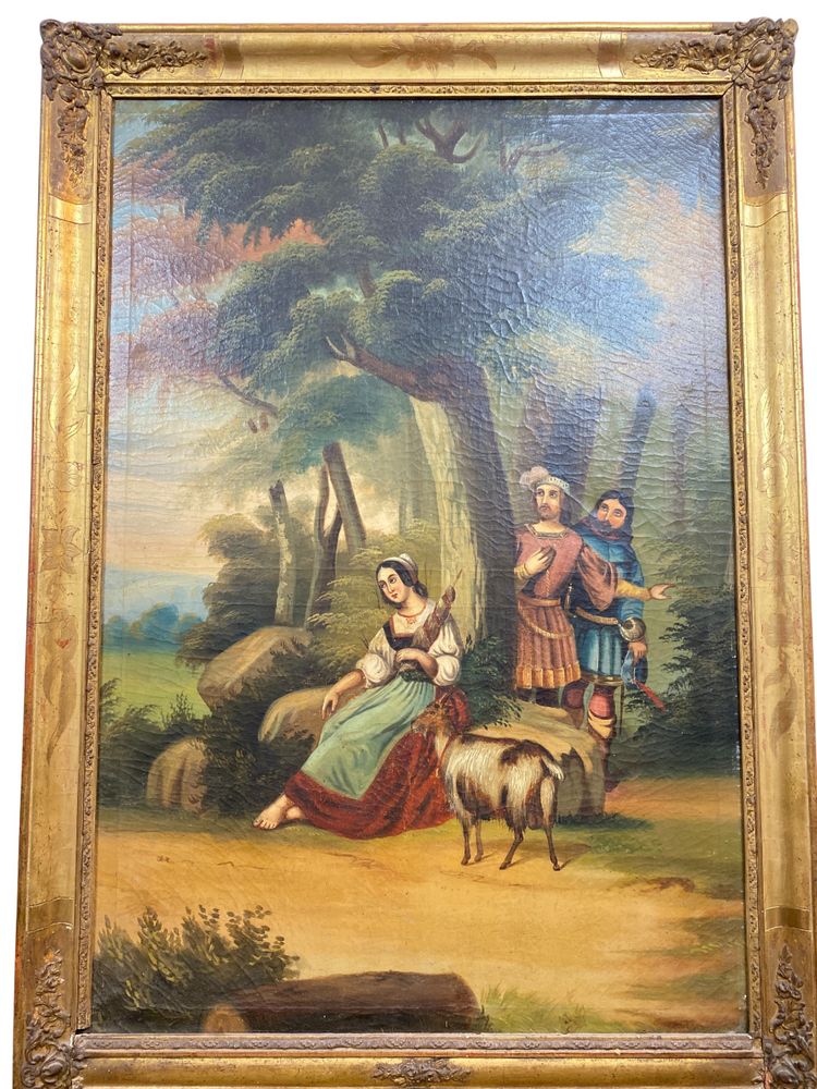Trumeau En Bois Doré d'époque XIXe Siècle Scène Romantique - 69cm X 140cm