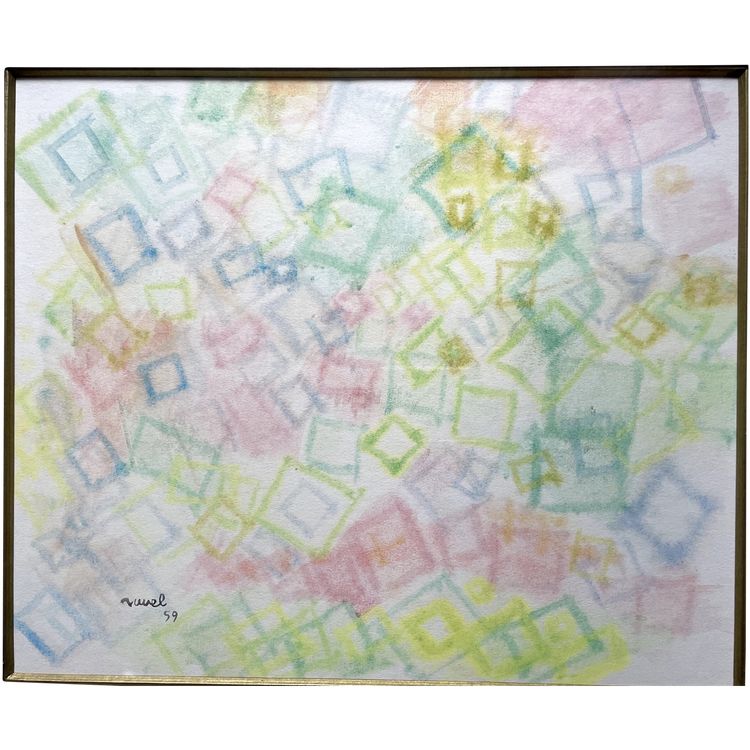 Aquarelle, abstraction géométrique  signée Daniel Ravel et datée de 1959.