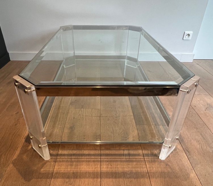 Table Basse Octogonale En Plexiglass Et Chrome. French work by La Maison Jansen. Circa 1970