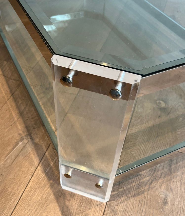 Table Basse Octogonale En Plexiglass Et Chrome. French work by La Maison Jansen. Circa 1970