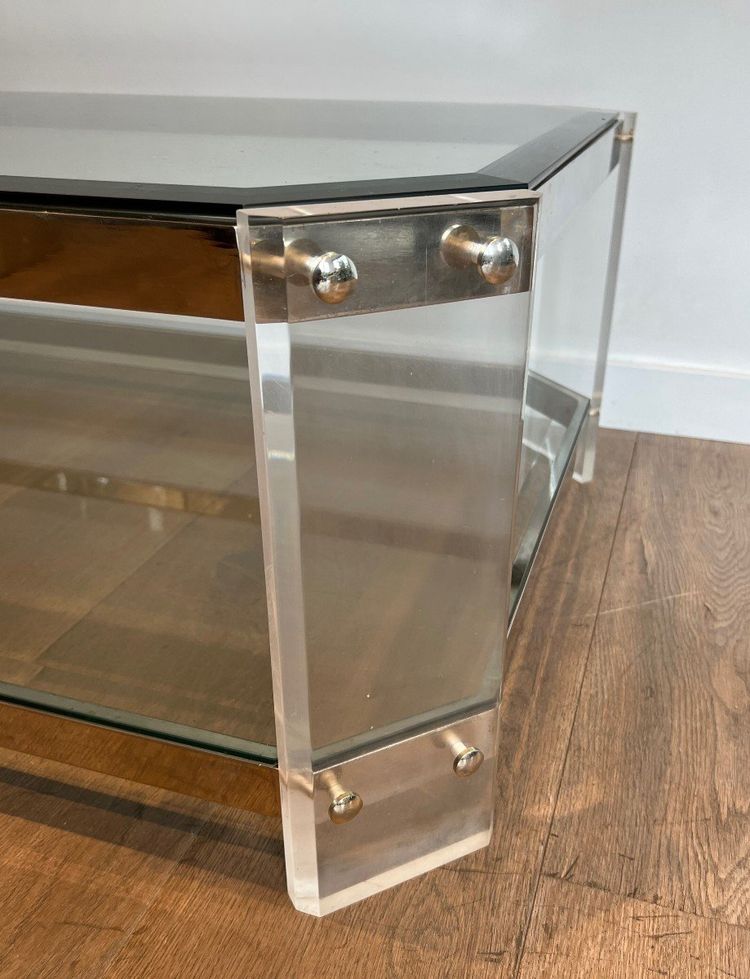 Table Basse Octogonale En Plexiglass Et Chrome. French work by La Maison Jansen. Circa 1970