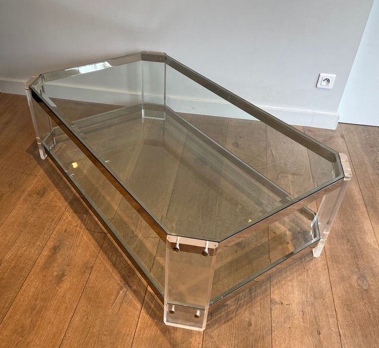 Table Basse Octogonale En Plexiglass Et Chrome. French work by La Maison Jansen. Circa 1970
