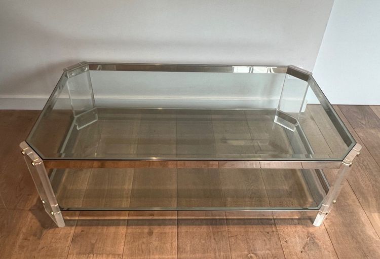 Table Basse Octogonale En Plexiglass Et Chrome. French work by La Maison Jansen. Circa 1970
