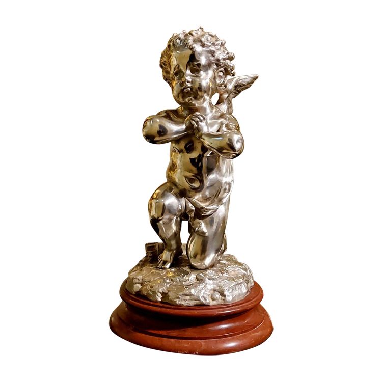 Scultura in bronzo argentato "Cupido" di Louis Kley, XIX secolo Base in marmo