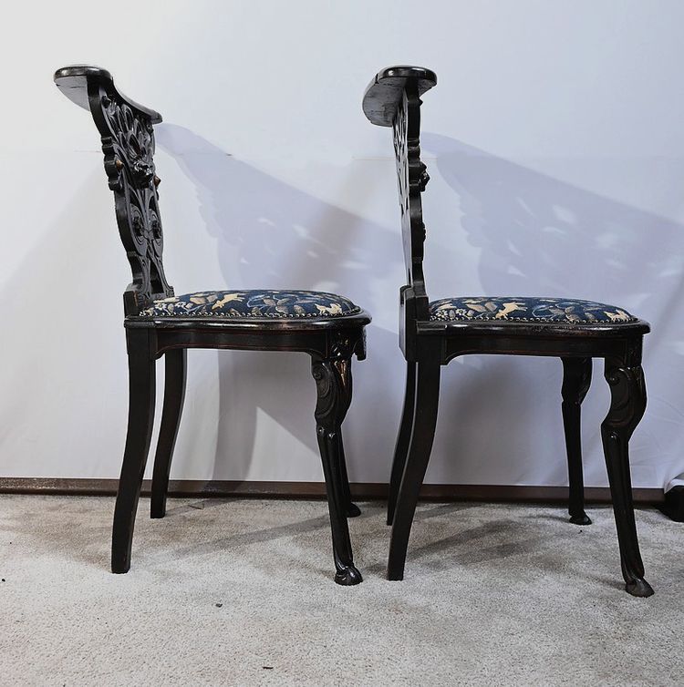 Pair of Travelling Chairs in Blackened Wood, Napoleon III period - Mid-19th century