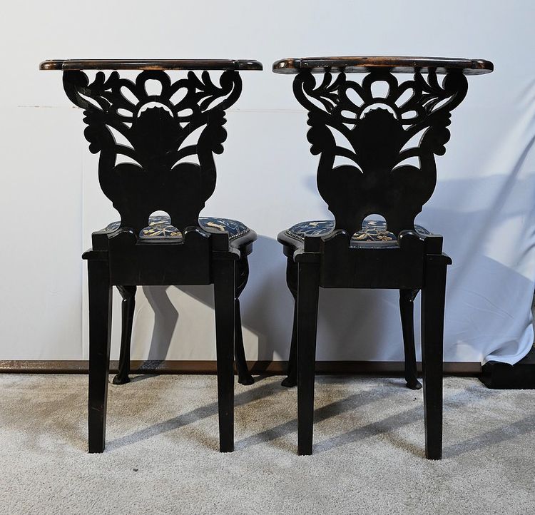 Pair of Travelling Chairs in Blackened Wood, Napoleon III period - Mid-19th century
