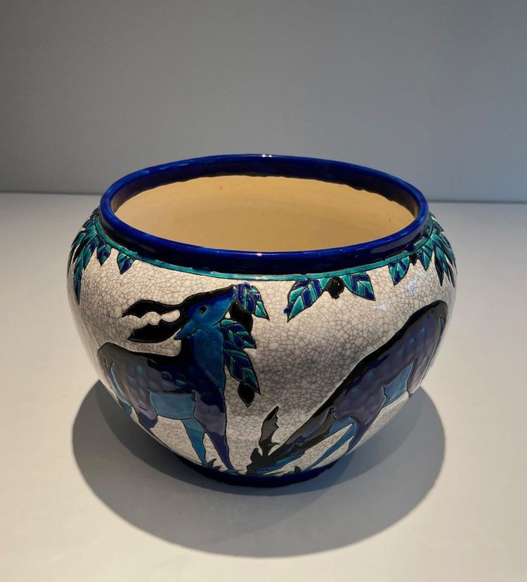 Ceramic "Deer and Doe" Planter. Belgian Work, Signed and Marked