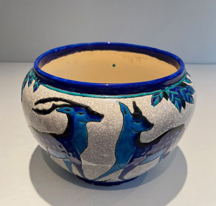 Ceramic "Deer and Doe" Planter. Belgian Work, Signed and Marked