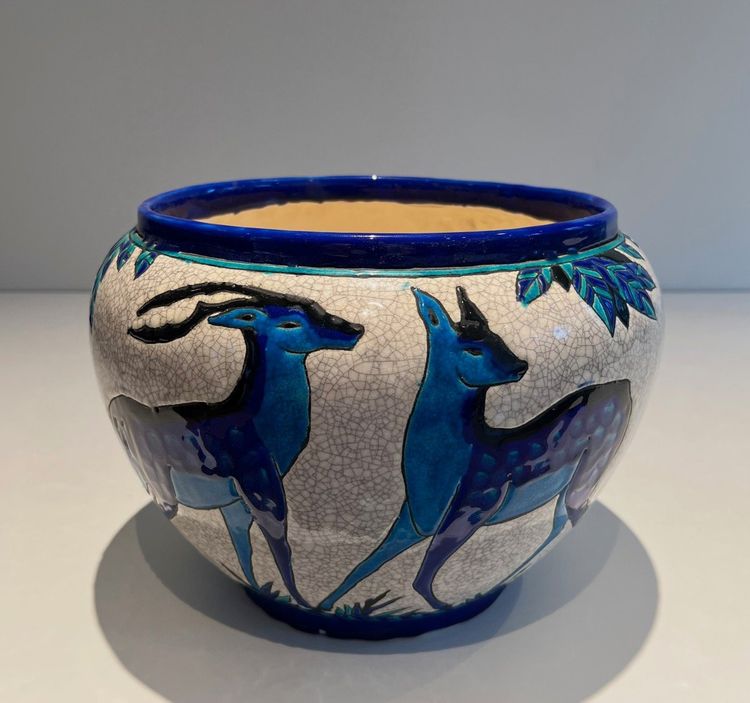 Ceramic "Deer and Doe" Planter. Belgian Work, Signed and Marked