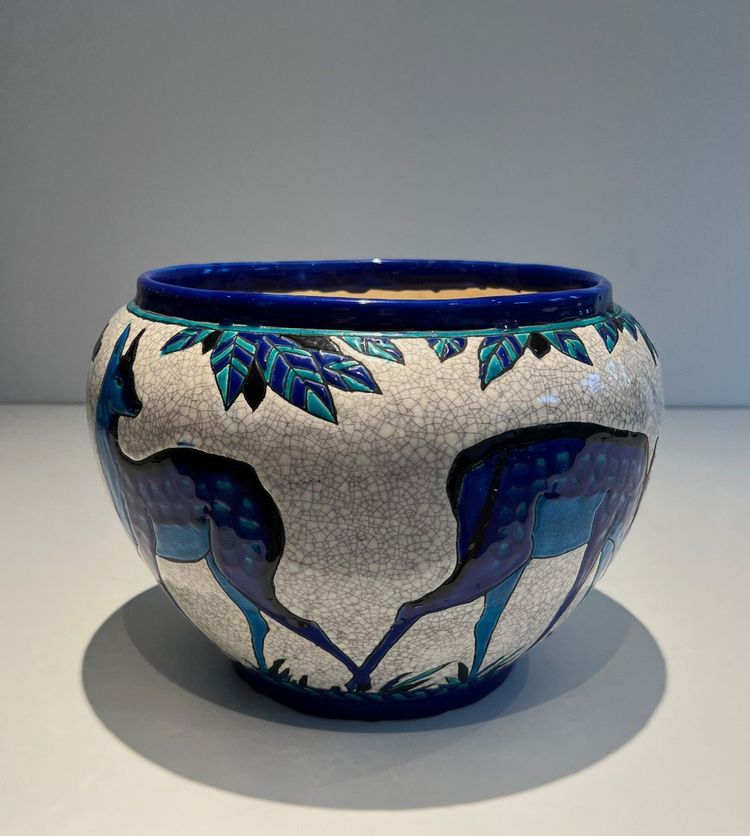 Ceramic "Deer and Doe" Planter. Belgian Work, Signed and Marked