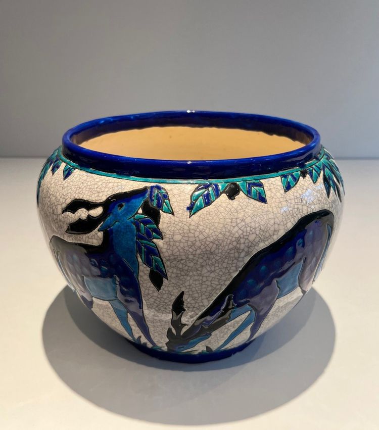 Ceramic "Deer and Doe" Planter. Belgian Work, Signed and Marked
