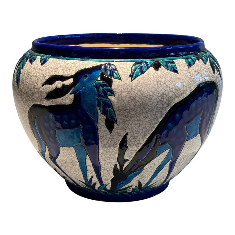 Ceramic "Deer and Doe" Planter. Belgian Work, Signed and Marked