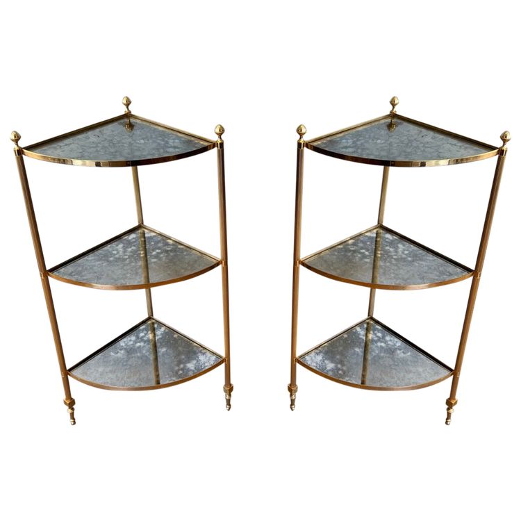Pair Of Gilded Metal Corner Sofa Ends And Eglomerated Mirror Trays.
