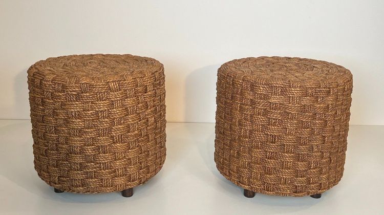 Pair of rope stools with round wooden legs. French work in the style of Adrien.