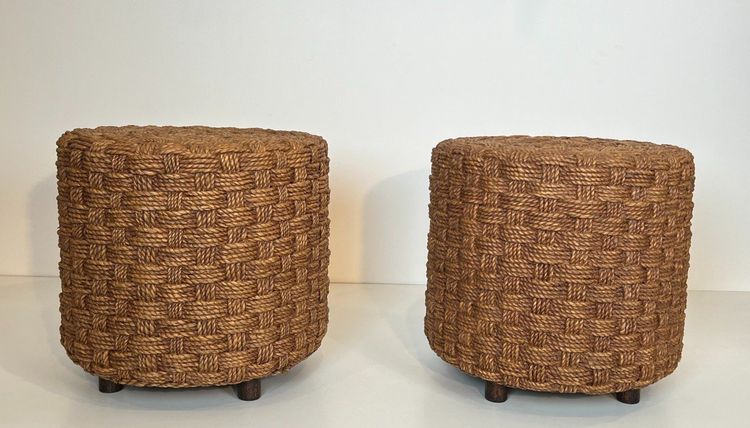 Pair of rope stools with round wooden legs. French work in the style of Adrien.