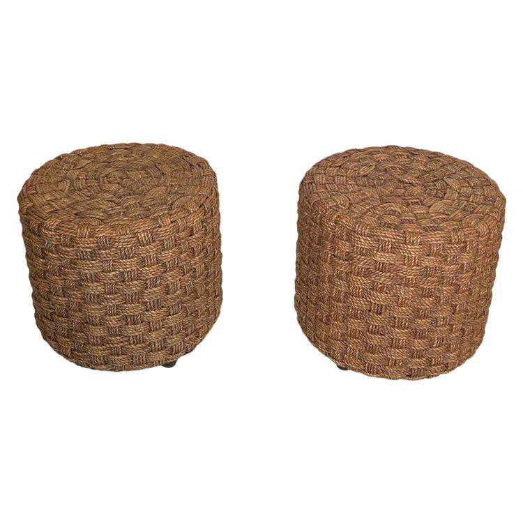Pair of rope stools with round wooden legs. French work in the style of Adrien.