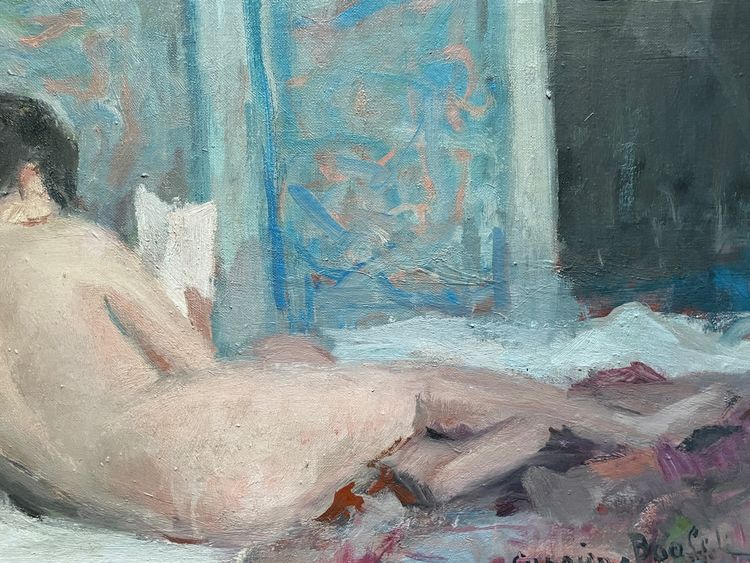 AKT LIEGEND LESEND. Öl auf Leinwand , Impressionist