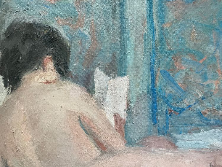 AKT LIEGEND LESEND. Öl auf Leinwand , Impressionist