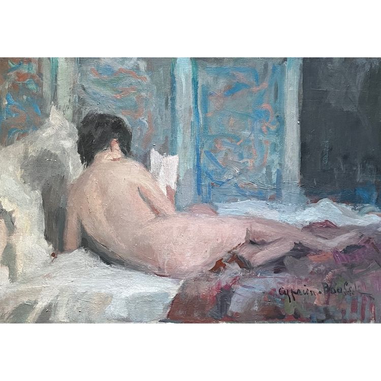 AKT LIEGEND LESEND. Öl auf Leinwand , Impressionist