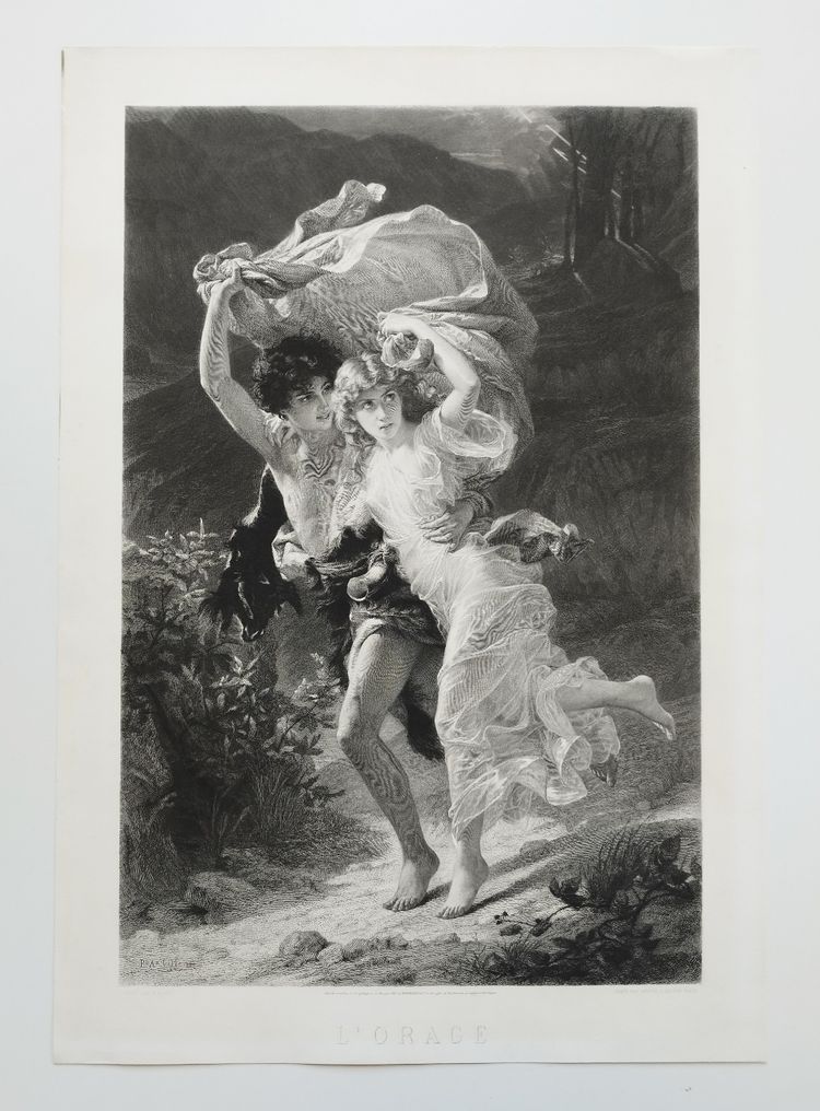 Incisione antica l'Orage di Amédée Varin dopo Pierre Auguste Cot Neoclassico XIX secolo
