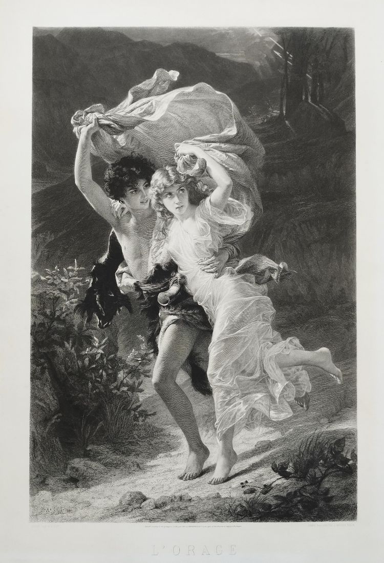 Incisione antica l'Orage di Amédée Varin dopo Pierre Auguste Cot Neoclassico XIX secolo