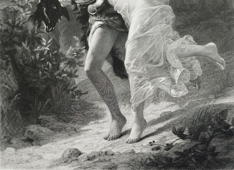 Incisione antica l'Orage di Amédée Varin dopo Pierre Auguste Cot Neoclassico XIX secolo