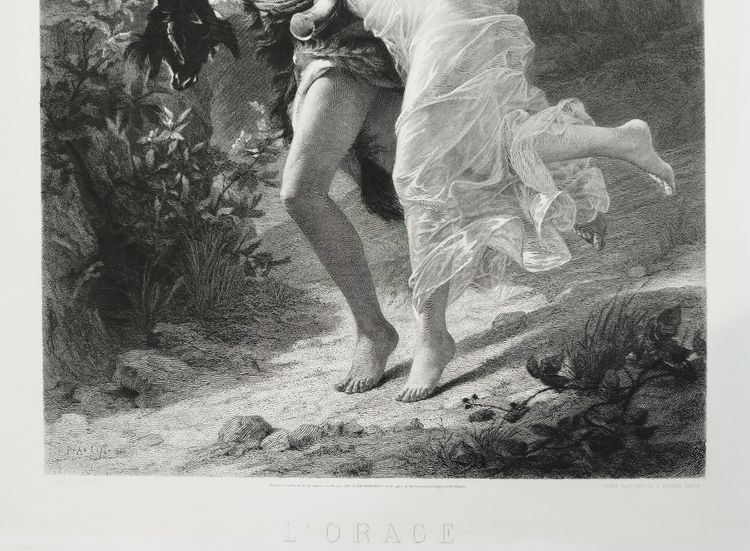 Incisione antica l'Orage di Amédée Varin dopo Pierre Auguste Cot Neoclassico XIX secolo