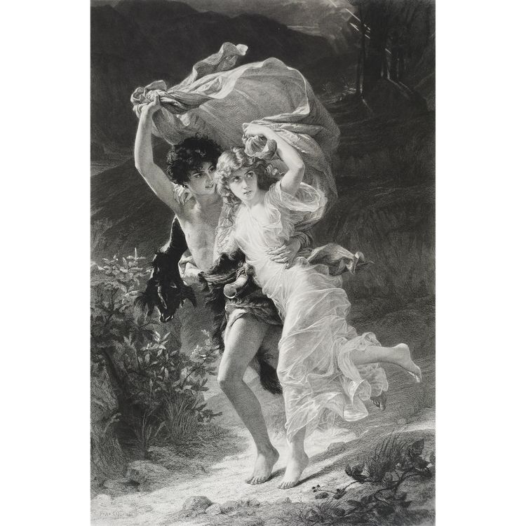 Incisione antica l'Orage di Amédée Varin dopo Pierre Auguste Cot Neoclassico XIX secolo