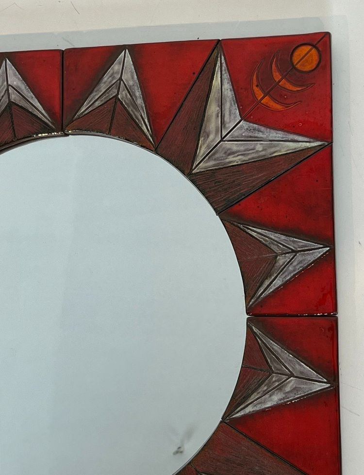 Ceramic Mirror Depicting a Stylized Sun on a Red Background Attributed to Oswal Tiberghien